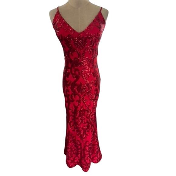 "Windsor" Sequin Maxi Open Back Red Prom Dress SZ S Pretty Women Formal Mob Wife - Picture 1 of 9